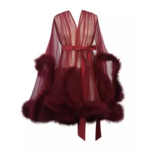 "Night In" Burgundy Handmade Sheer Fluffy Mini Marabou Feather Robe