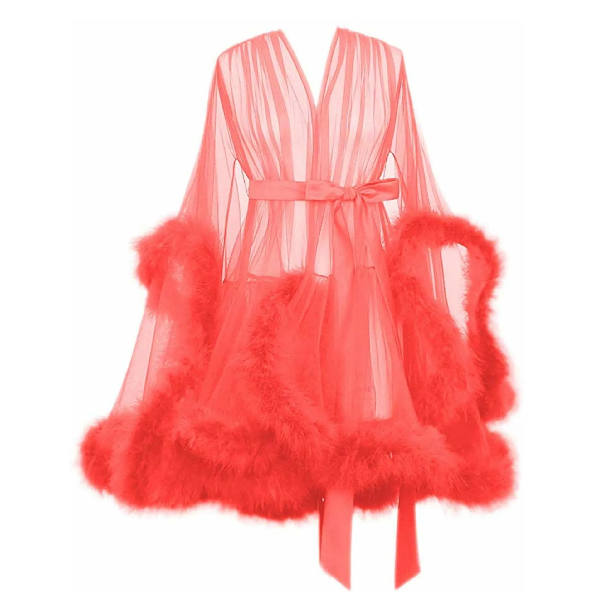 "Night In" Coral Pink Handmade Sheer Fluffy Mini Marabou Feather Robe