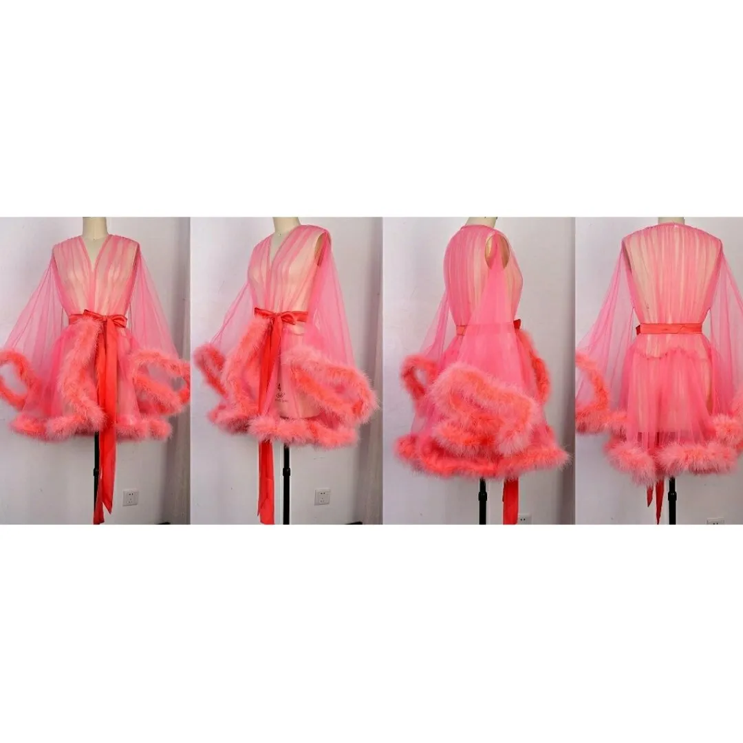 "Night In" Coral Pink Handmade Sheer Fluffy Mini Marabou Feather Robe