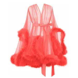 "Night In" Coral Pink Handmade Sheer Fluffy Mini Marabou Feather Robe