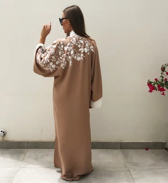 RAM19 SAKURA  BISCUIT ABAYA WITH CHIFFON TIE &  EMBROIDERY