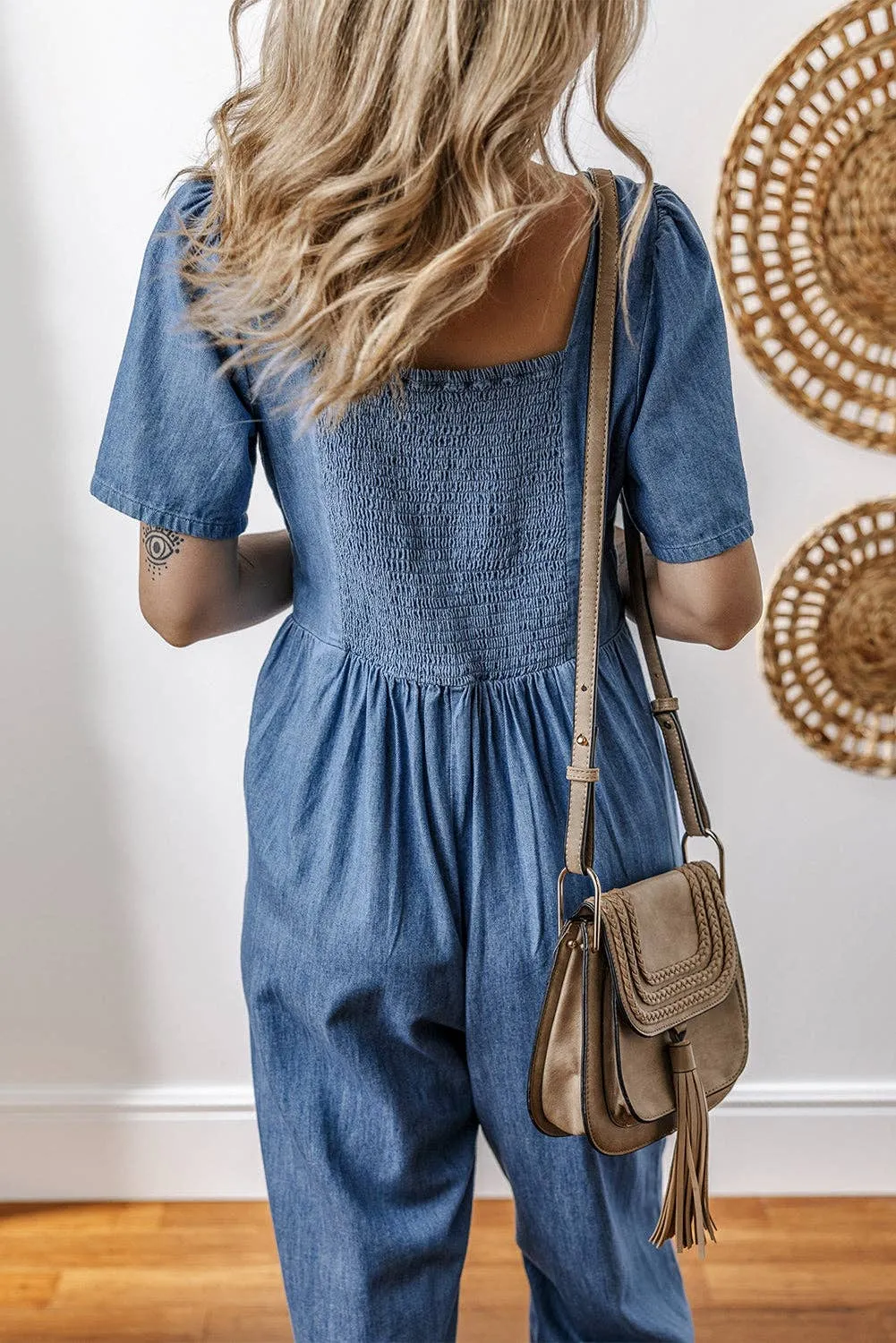 Riley Denim V-Neck Short Sleeve Jumpsuit