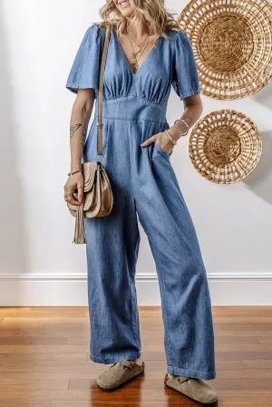 Riley Denim V-Neck Short Sleeve Jumpsuit