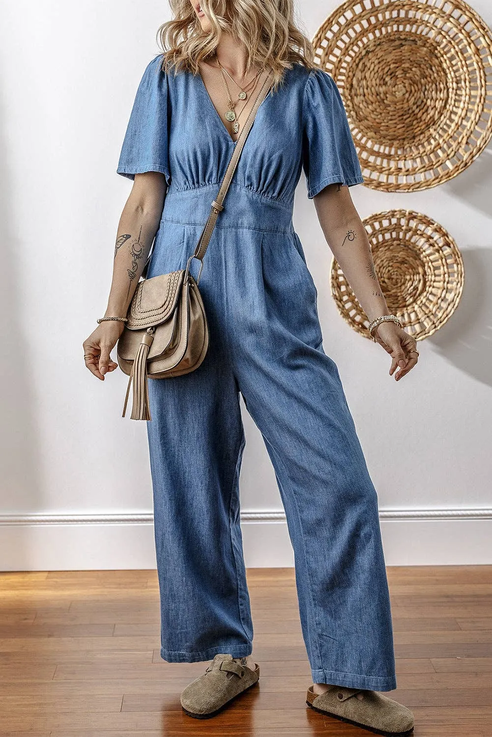 Riley Denim V-Neck Short Sleeve Jumpsuit