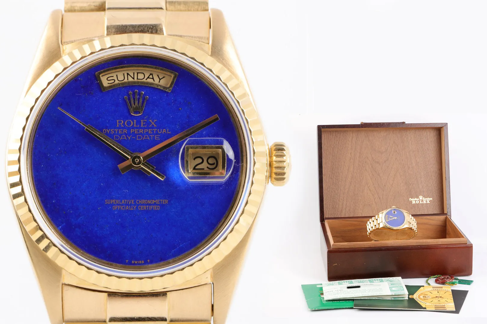 Rolex 18038 Day-Date LAPIS Dial 18K Yellow Gold 36mm Men's Watch (Box & Papers)