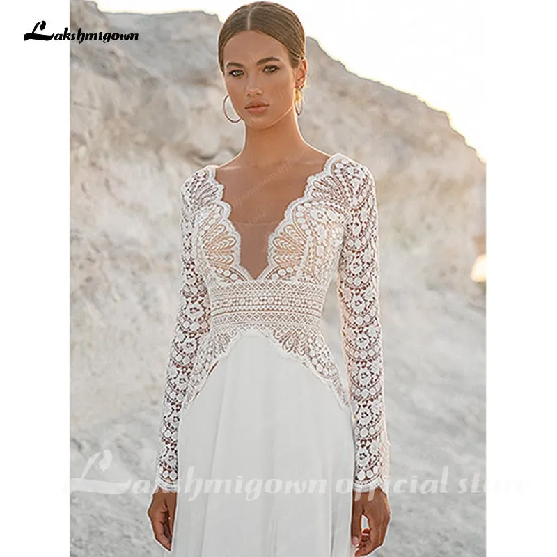 Roycebridal Vintage Lace Long Sleeves Boho Wedding Dresses  V Neck Bohemian Chiffon Bridal Dress Hochzeit Longue Robe