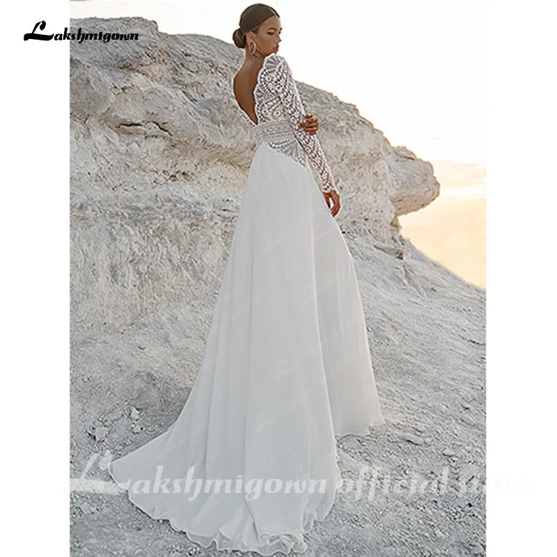 Roycebridal Vintage Lace Long Sleeves Boho Wedding Dresses  V Neck Bohemian Chiffon Bridal Dress Hochzeit Longue Robe