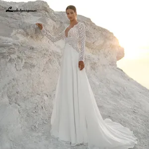 Roycebridal Vintage Lace Long Sleeves Boho Wedding Dresses  V Neck Bohemian Chiffon Bridal Dress Hochzeit Longue Robe