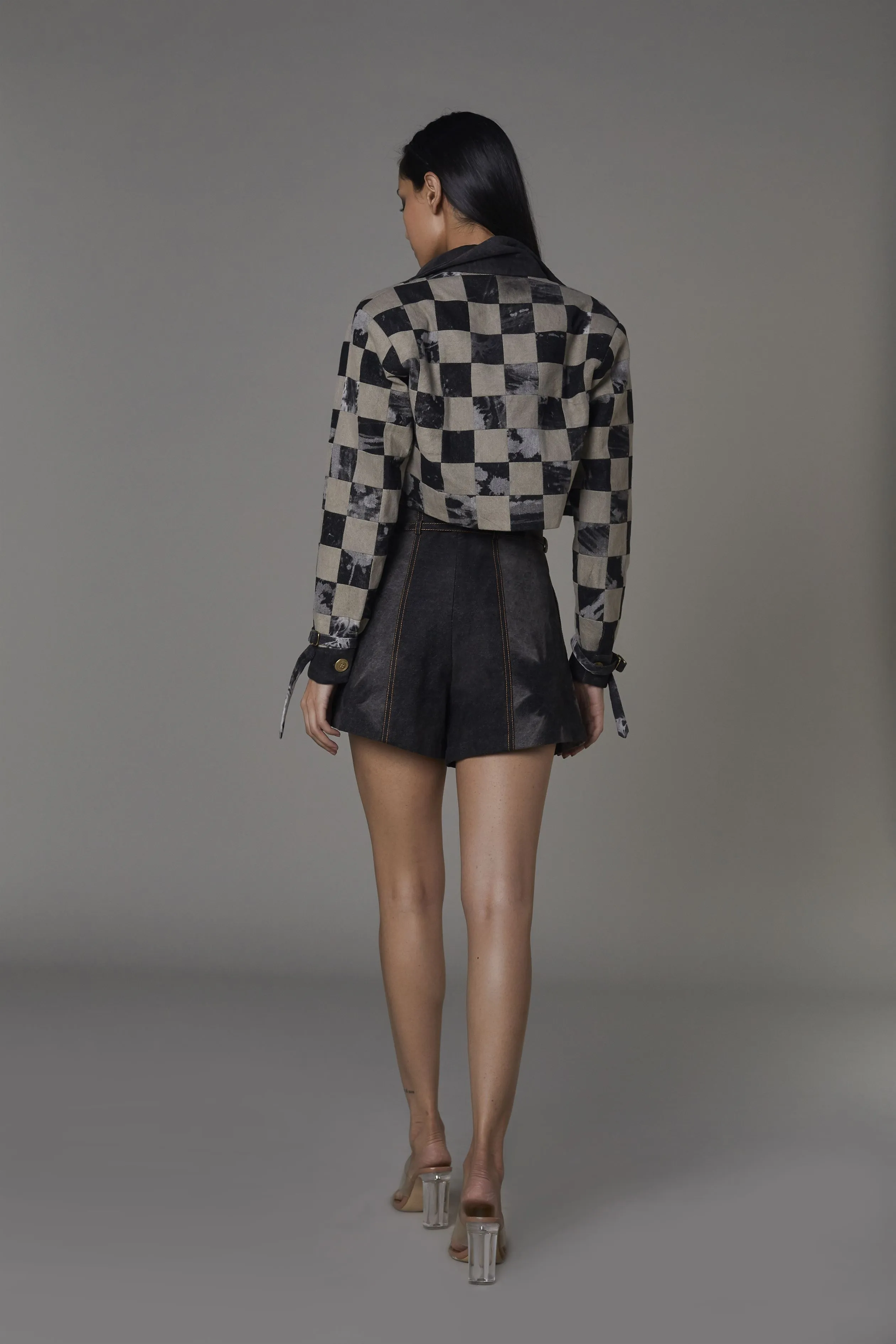 Saaksha & KinniÂ    I   Brown rust stripe knot shirt  Grey denim shorts Blouse - Cotton Silk  Shorts - Denim Blouse - Rust / Brown  Shorts - Grey   SS22067    SS22019