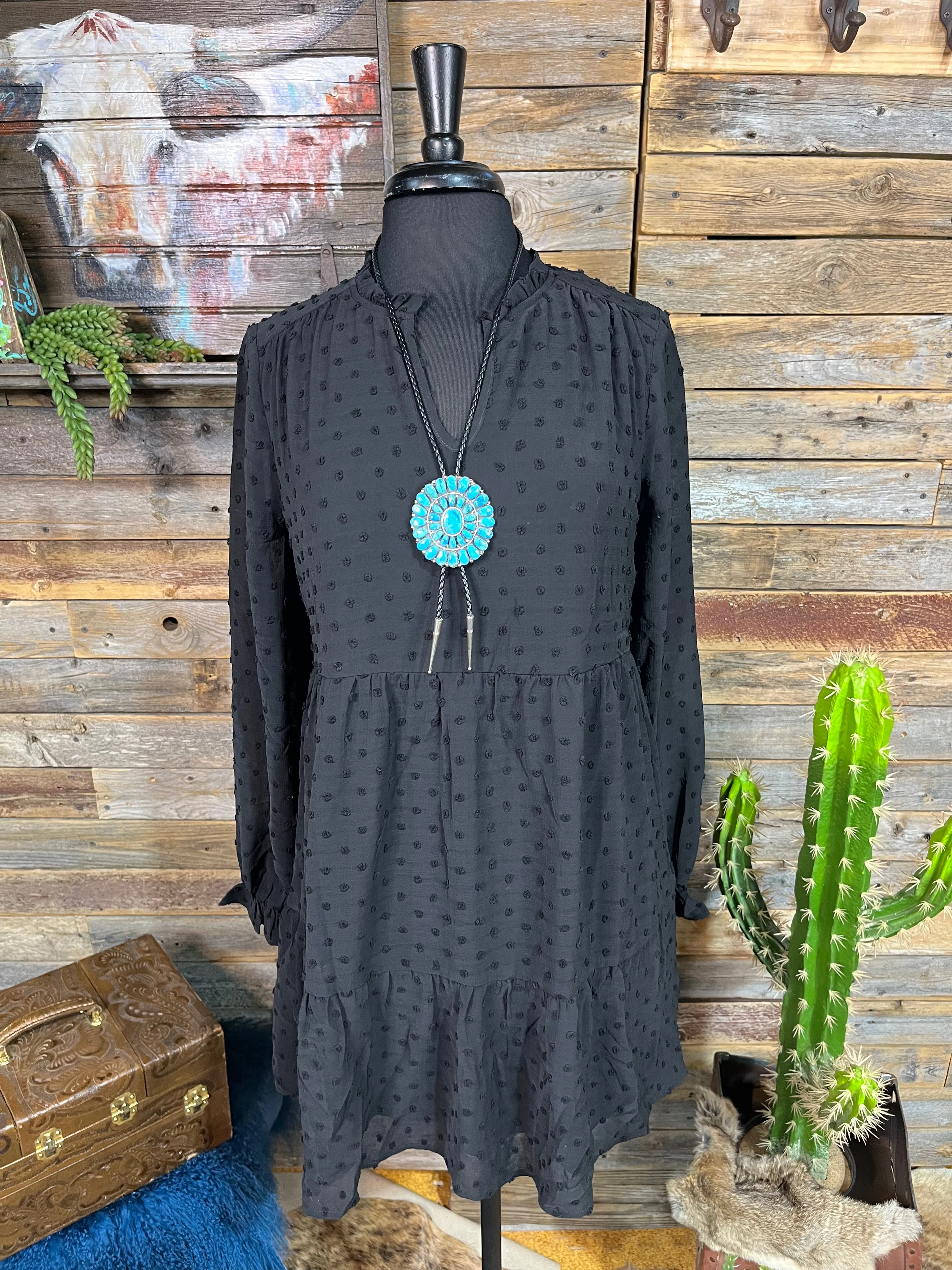 Sara Textured Dot Chiffon Long Sheer Sleeve Babydoll Dress