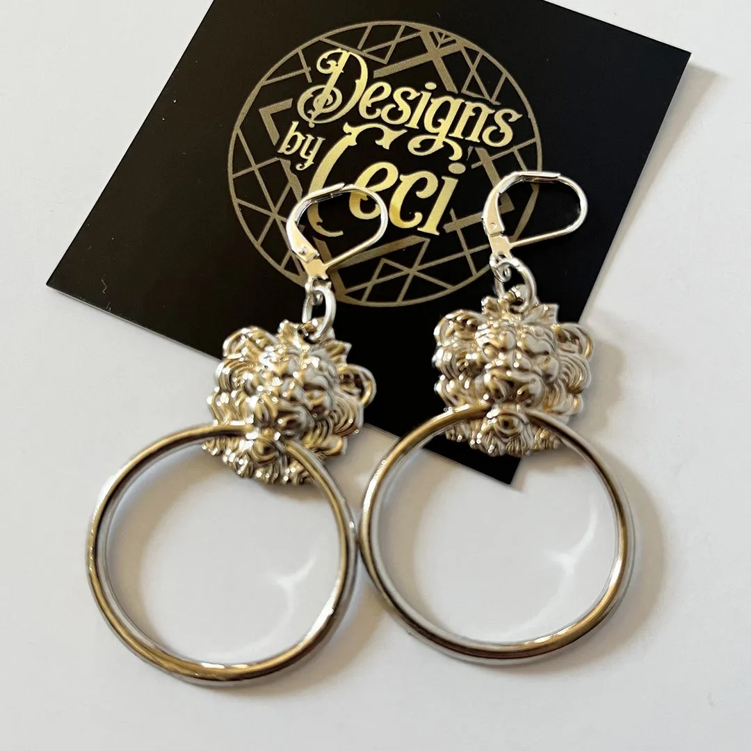 Silver Lion Door Knocker Earrings