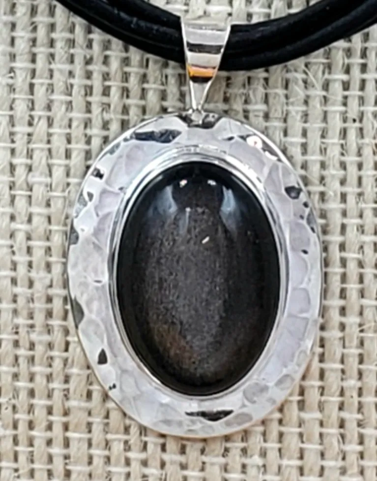 Silver Obsidian Cabochon in Sterling Silver Bezel Necklace