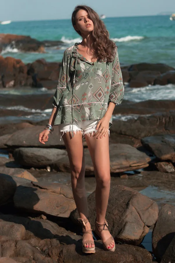 Square Print Long Sleeve Chiffon Shirt