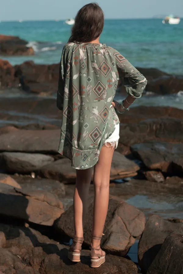 Square Print Long Sleeve Chiffon Shirt