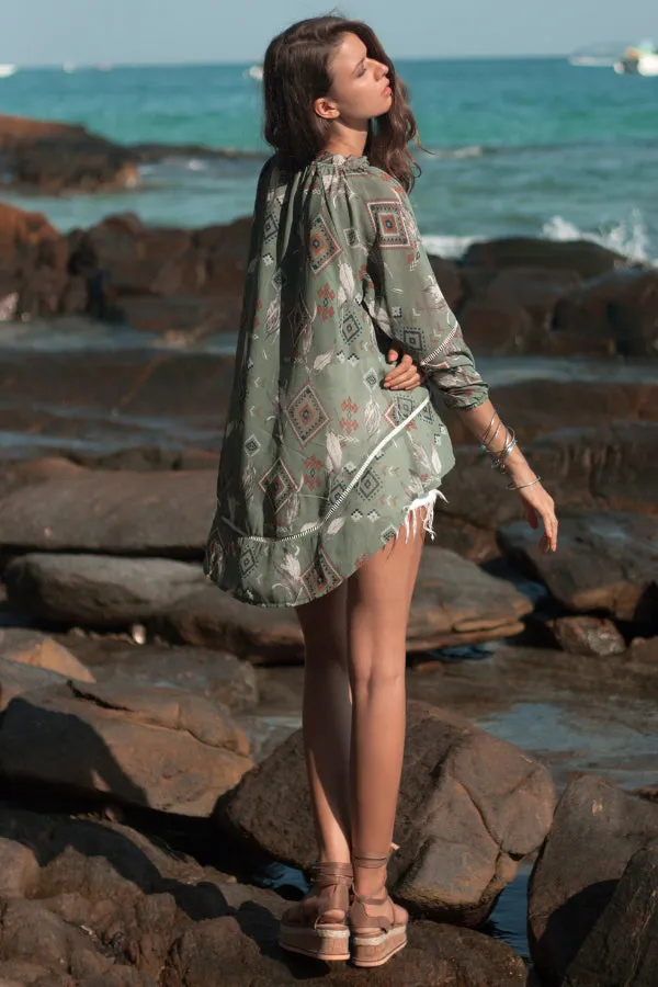 Square Print Long Sleeve Chiffon Shirt