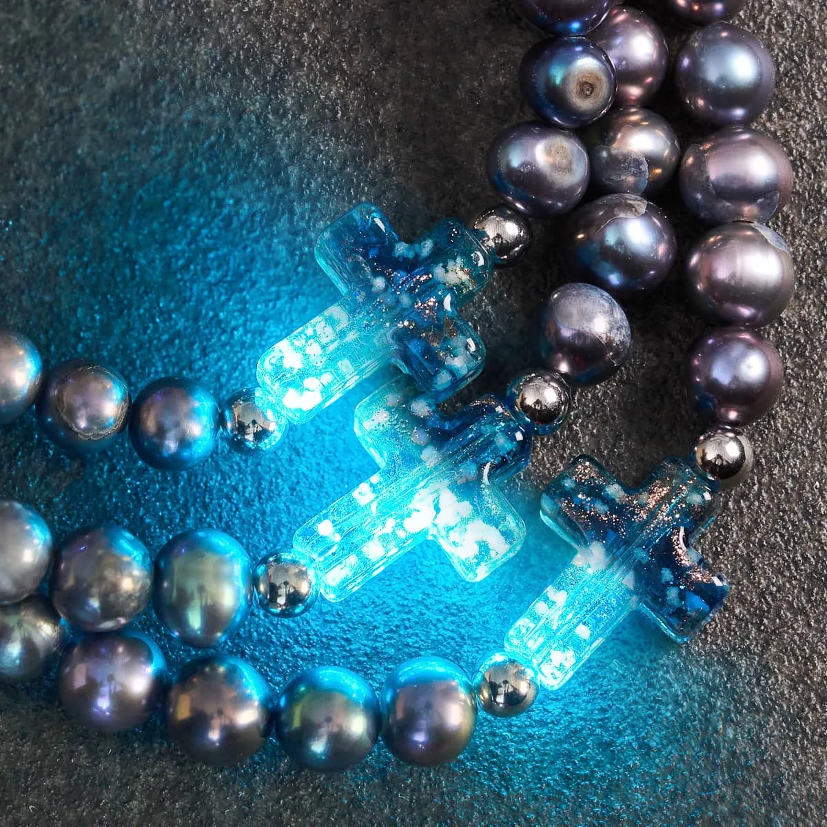 St. Ambrosia | .925 Sterling Silver | Turquoise Firefly Glass x Holographic Freshwater Pearl Cross Bracelet