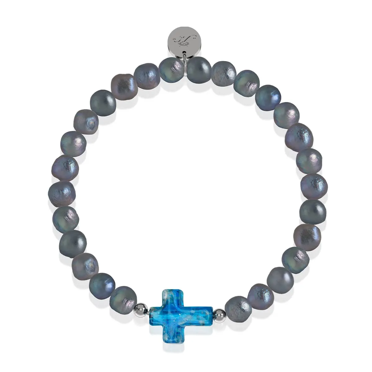 St. Ambrosia | .925 Sterling Silver | Turquoise Firefly Glass x Holographic Freshwater Pearl Cross Bracelet