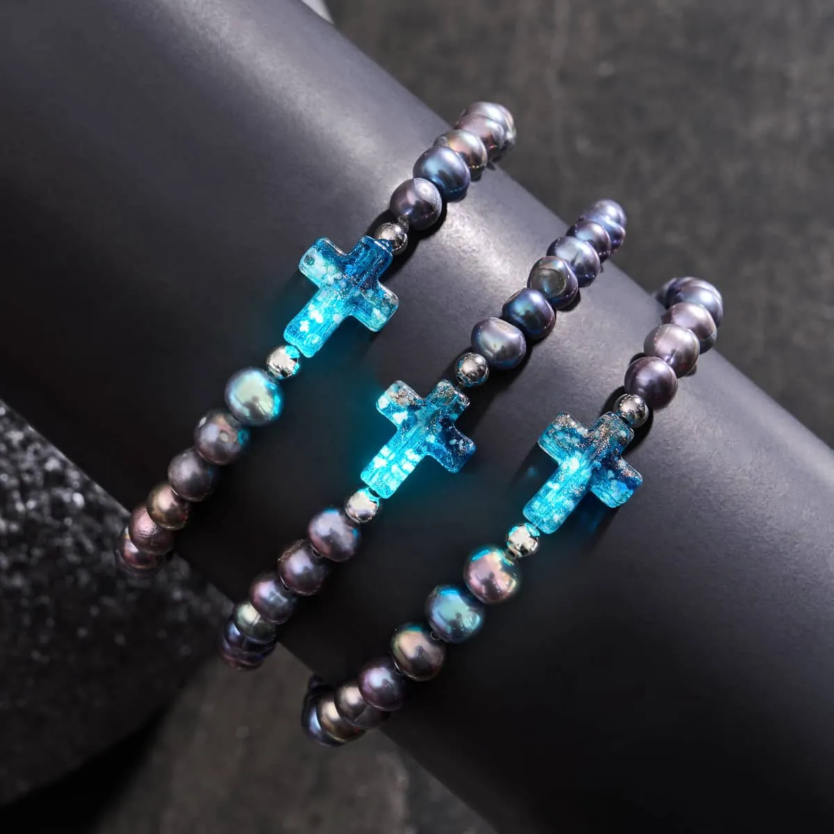 St. Ambrosia | .925 Sterling Silver | Turquoise Firefly Glass x Holographic Freshwater Pearl Cross Bracelet