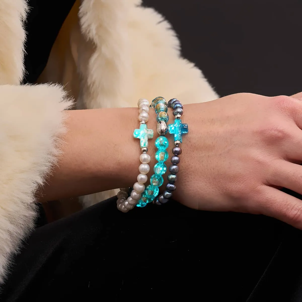 St. Ambrosia | .925 Sterling Silver | Turquoise Firefly Glass x Holographic Freshwater Pearl Cross Bracelet