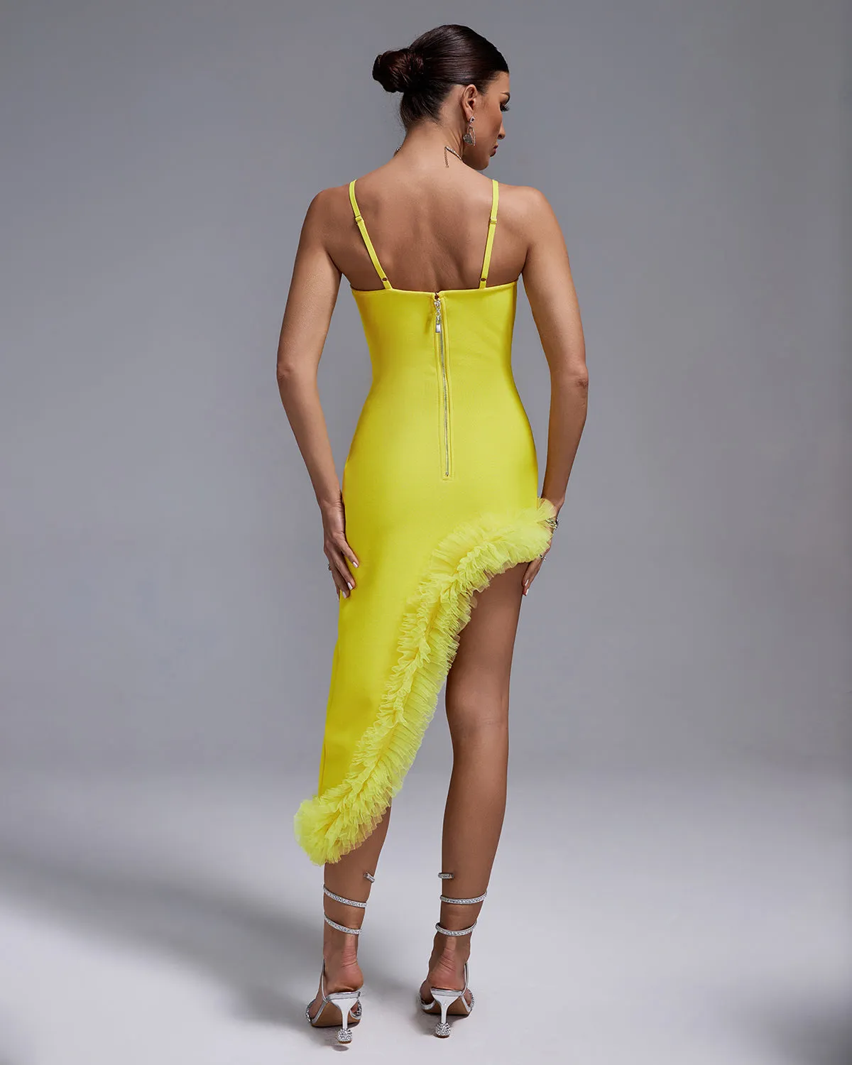 Strappy Puffy Chiffon Trim Midi Bandage Dress