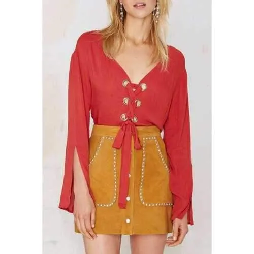 Stylish Deep V Neck Long Split Seeve Lace-Up Women's Red Chiffon Blouse - Red S
