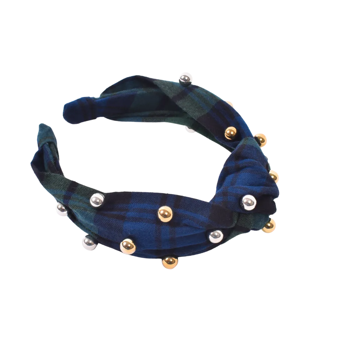 Tartan & Cheer Metallic Pearl Knotted Headband - Evergreen