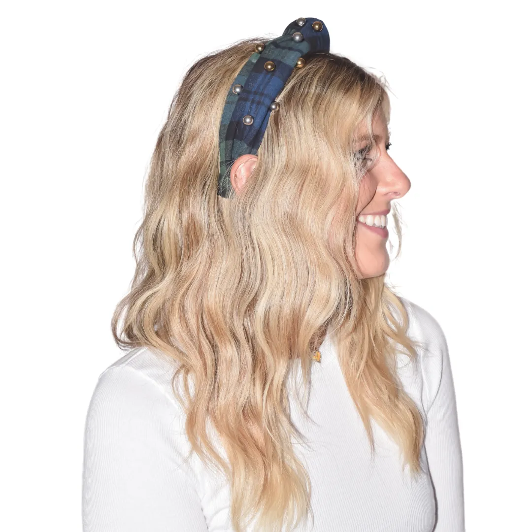 Tartan & Cheer Metallic Pearl Knotted Headband - Evergreen