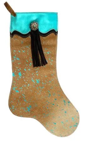 Teal Acid Wash Cowhide Leather Christmas Stocking