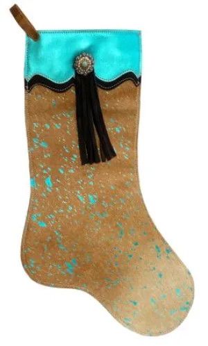 Teal Acid Wash Cowhide Leather Christmas Stocking