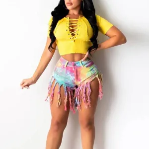 Tie Dye Tassel Design Denim Shorts