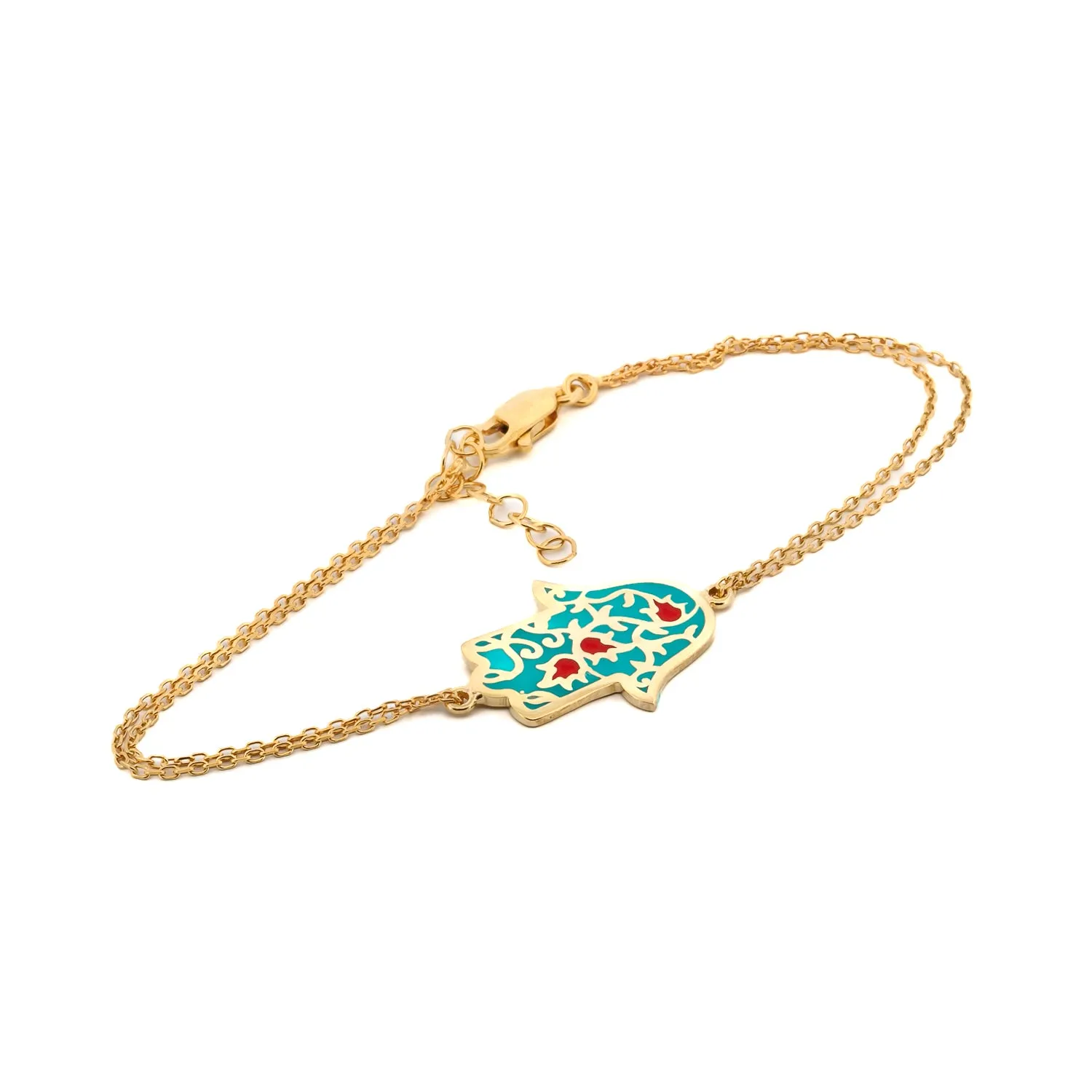 Turquoise Enamel Floral Hamsa Hand Gold Vermeil Chain Bracelet