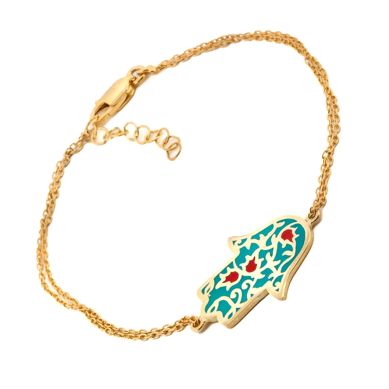 Turquoise Enamel Floral Hamsa Hand Gold Vermeil Chain Bracelet