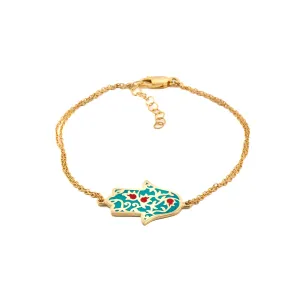 Turquoise Enamel Floral Hamsa Hand Gold Vermeil Chain Bracelet