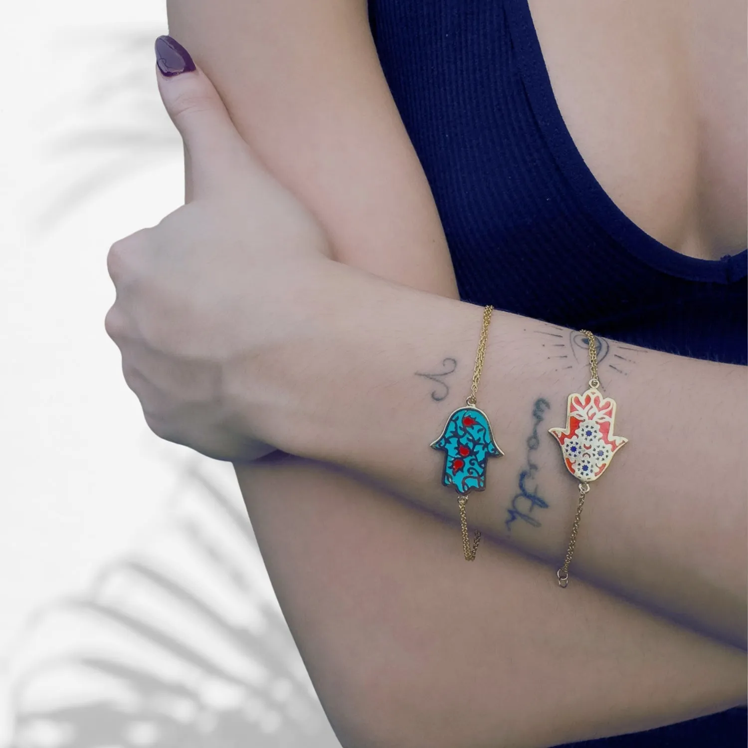 Turquoise Enamel Floral Hamsa Hand Gold Vermeil Chain Bracelet
