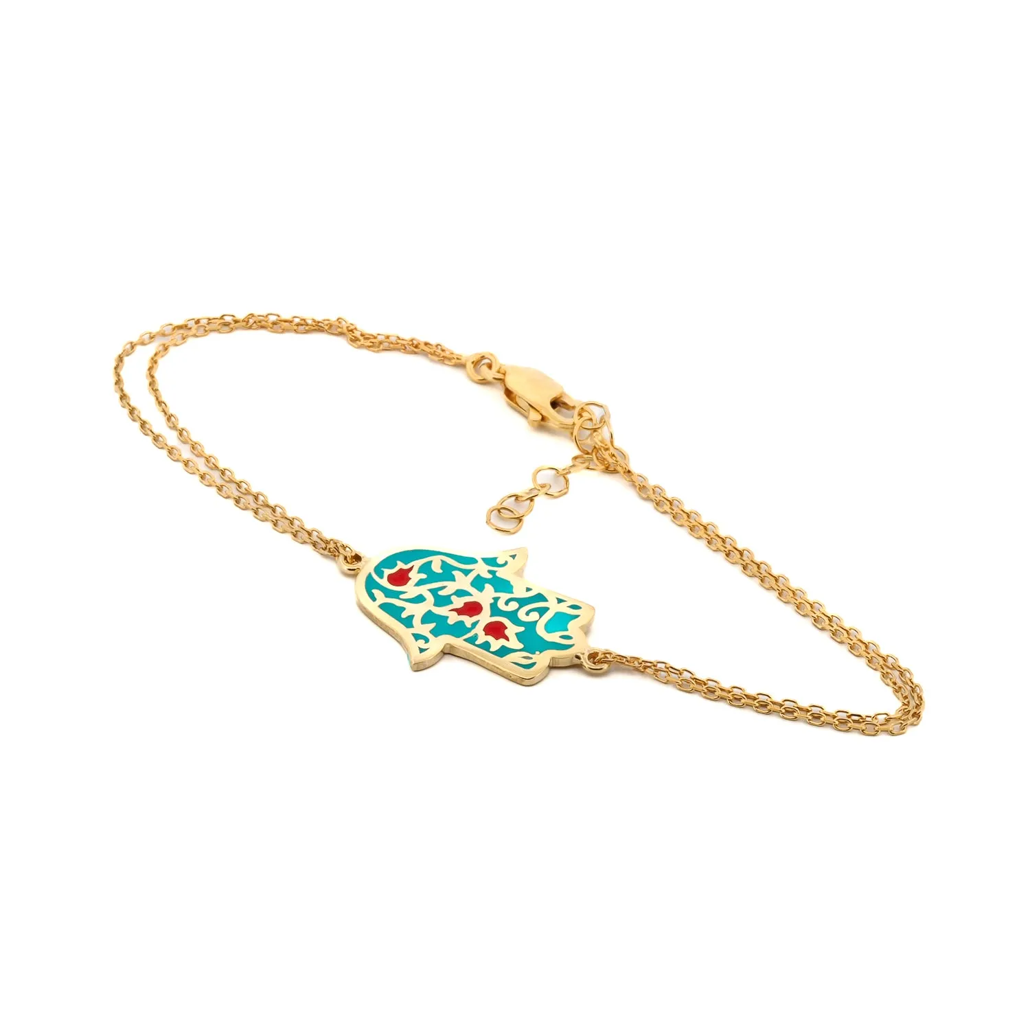 Turquoise Enamel Floral Hamsa Hand Gold Vermeil Chain Bracelet