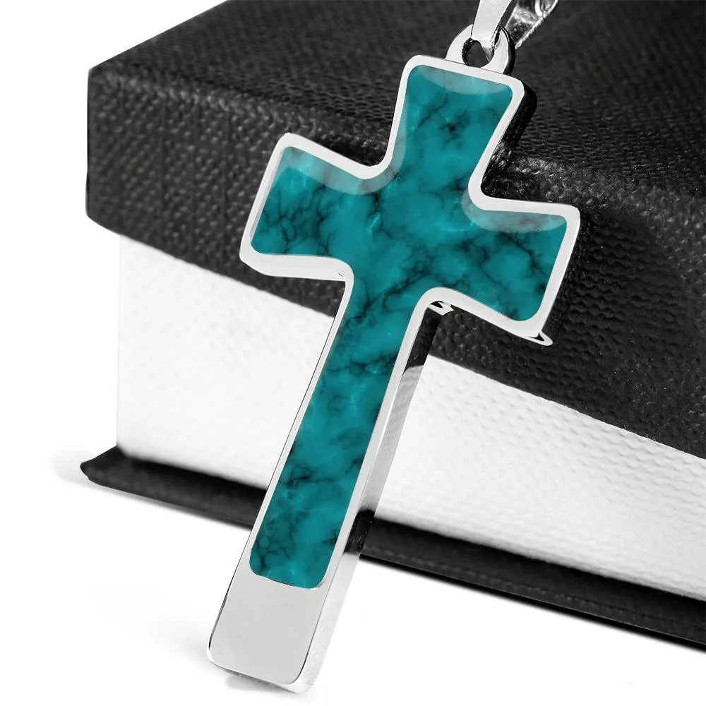 Turquoise Faux Marble Stainless Steel Cross Necklace With Chain and  Gift Box