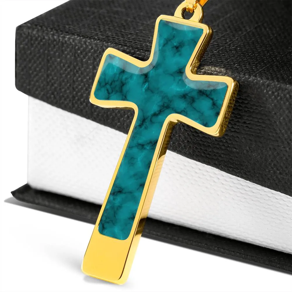 Turquoise Faux Marble Stainless Steel Cross Necklace With Chain and  Gift Box