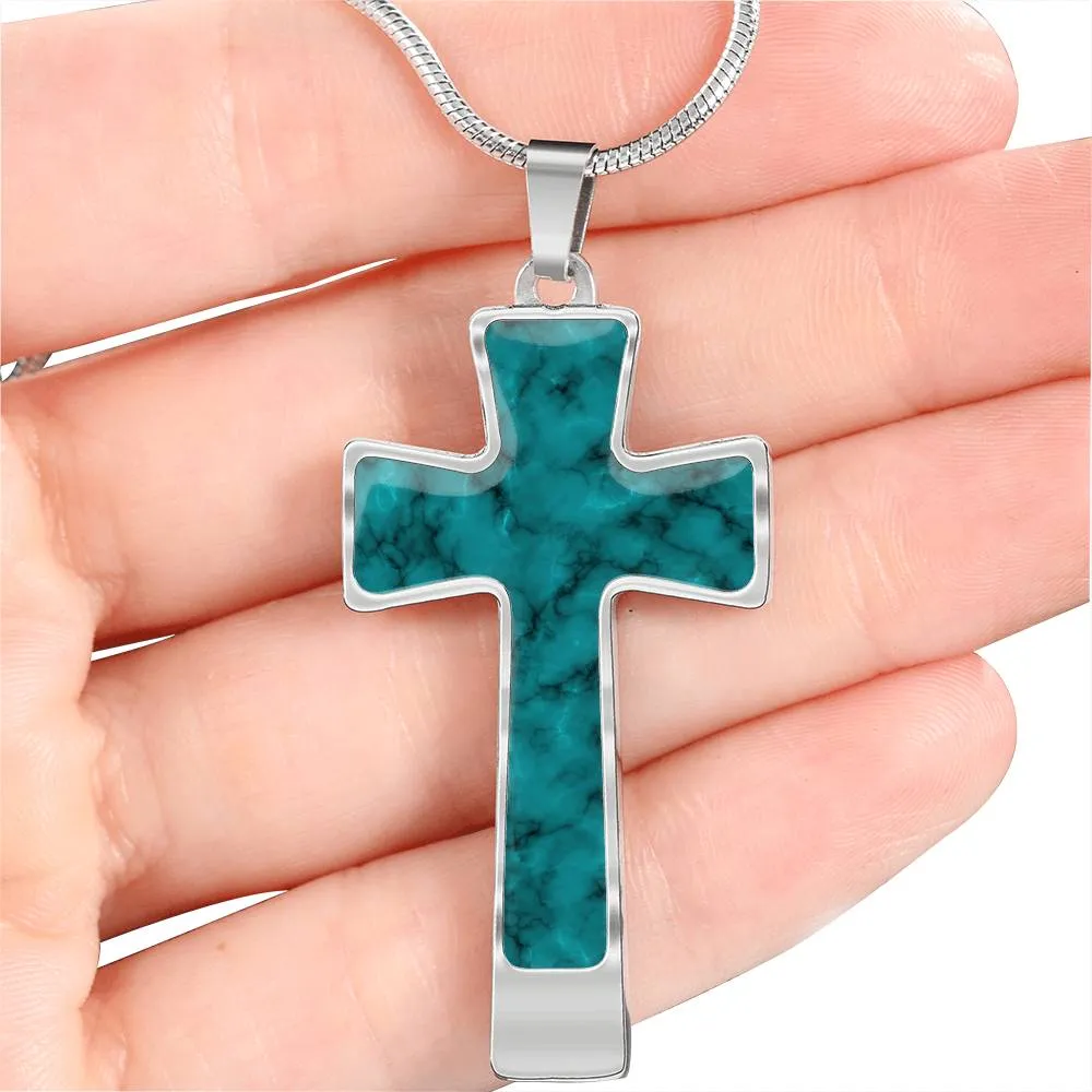 Turquoise Faux Marble Stainless Steel Cross Necklace With Chain and  Gift Box