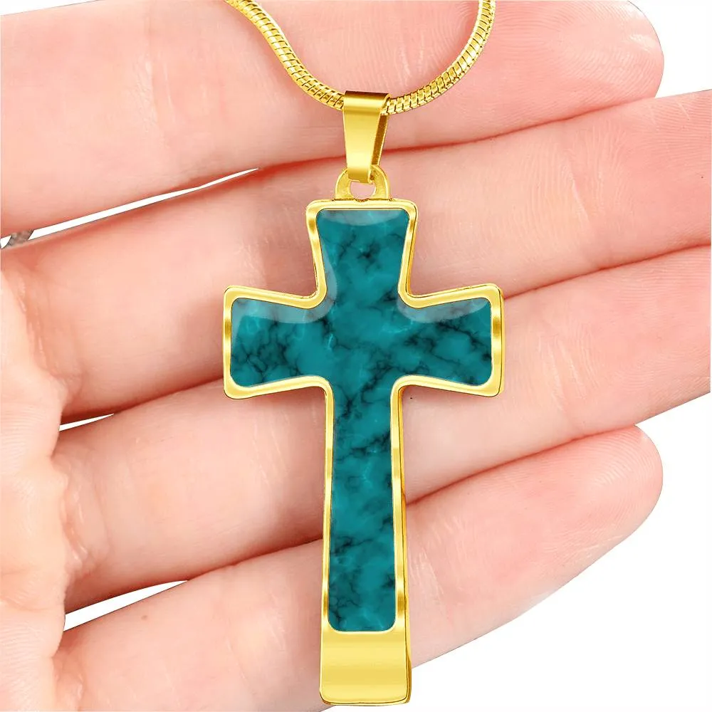 Turquoise Faux Marble Stainless Steel Cross Necklace With Chain and  Gift Box
