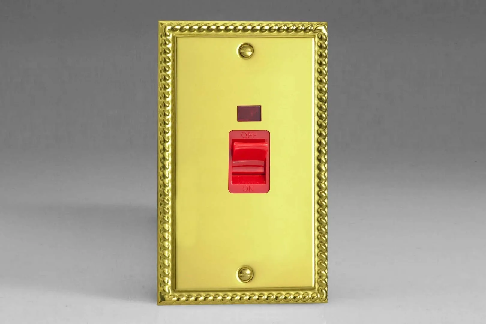 Varilight 45A Cooker Switch   Neon (Vertical Twin Plate, Red Rocker) Georgian Brass XG45N