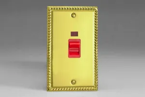 Varilight 45A Cooker Switch   Neon (Vertical Twin Plate, Red Rocker) Georgian Brass XG45N