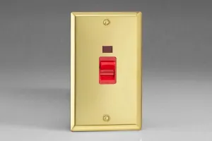 Varilight 45A Cooker Switch   Neon (Vertical Twin Plate, Red Rocker) Victorian Brass XV45N