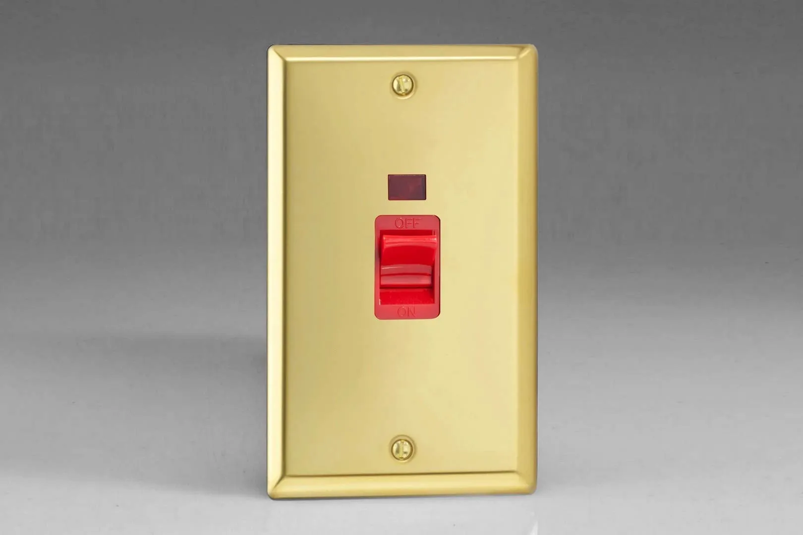 Varilight 45A Cooker Switch   Neon (Vertical Twin Plate, Red Rocker) Victorian Brass XV45N