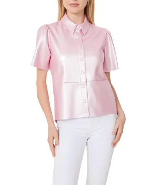 Vegan Leather Button Down Top - Metallic Pink