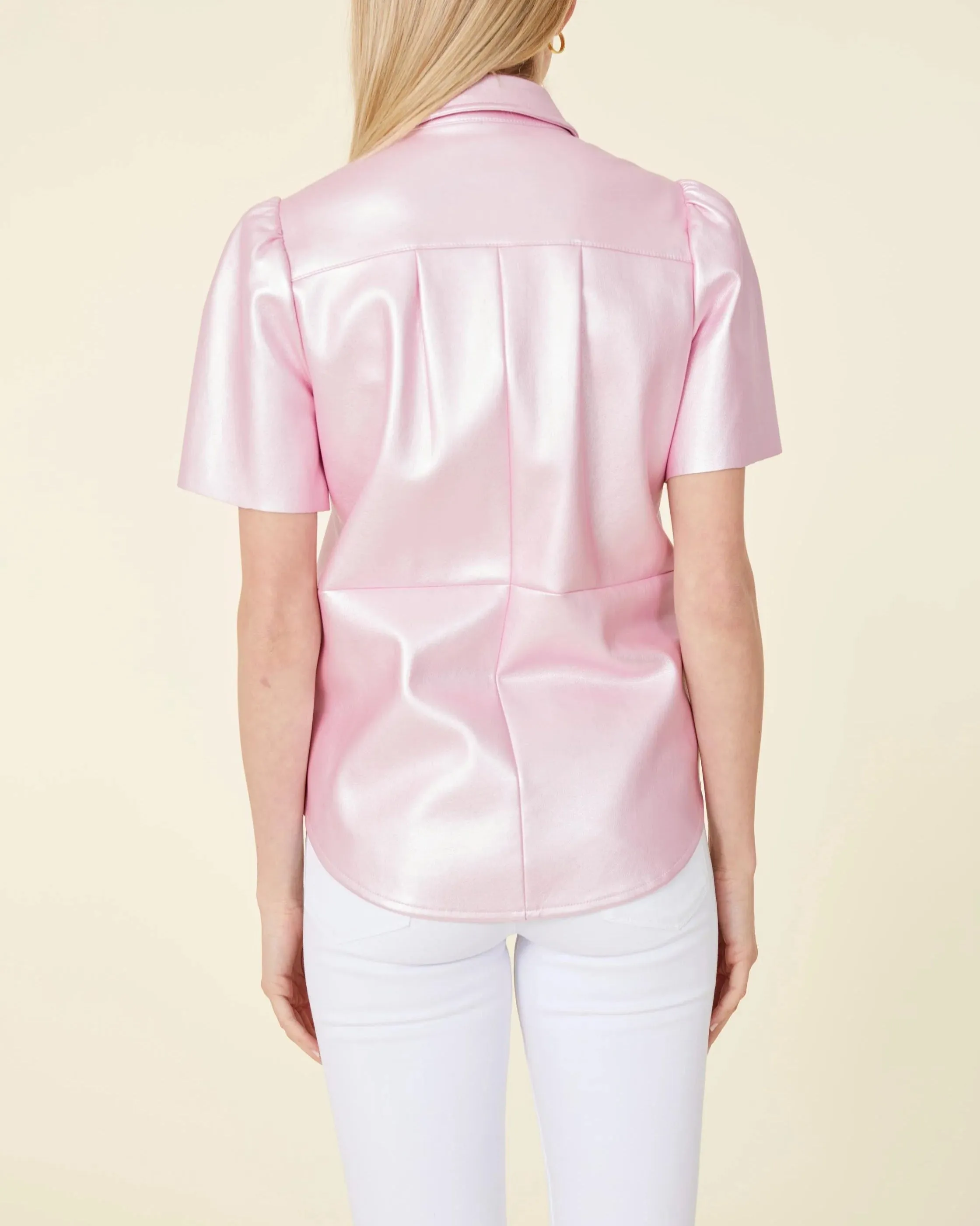 Vegan Leather Button Down Top - Metallic Pink