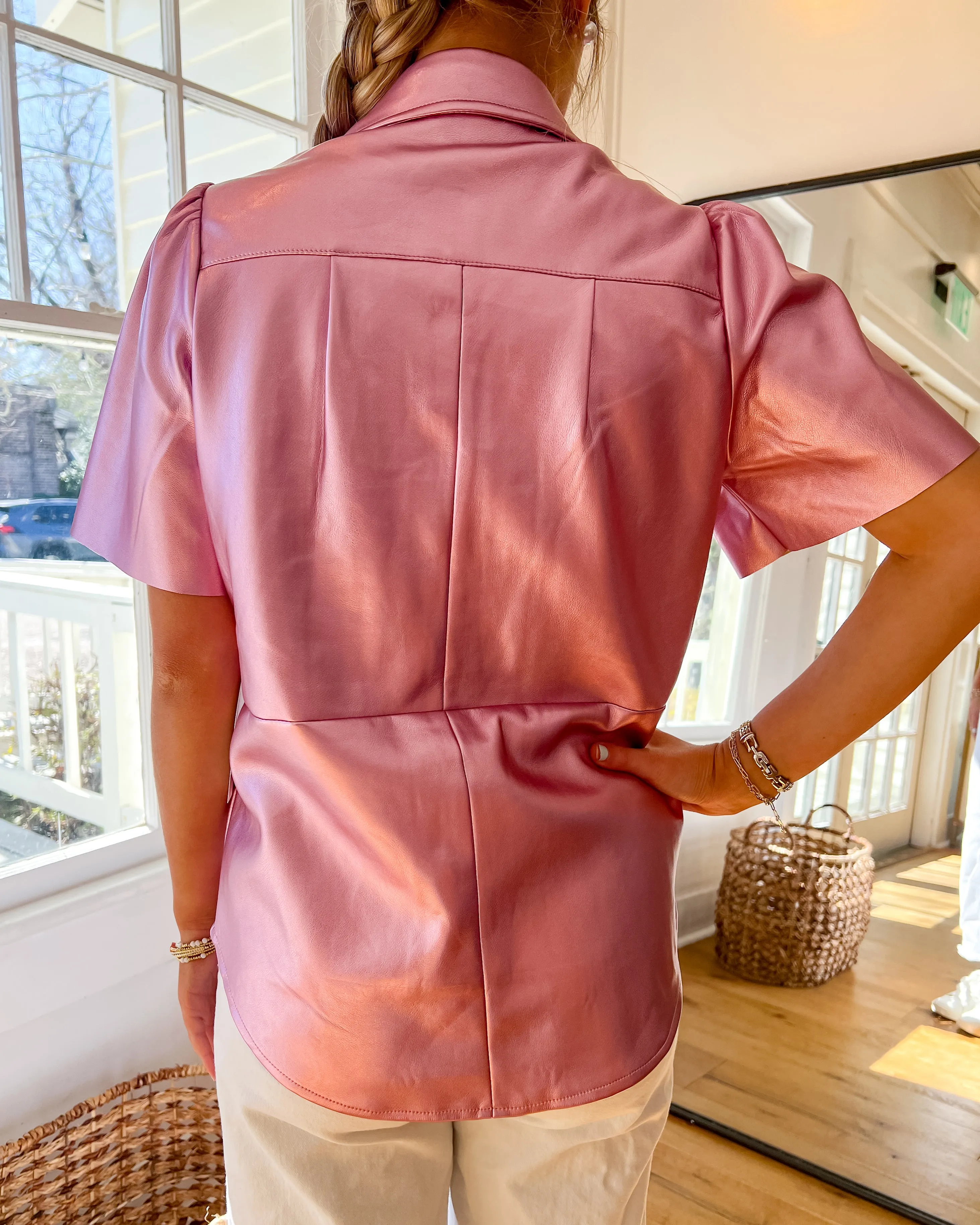 Vegan Leather Button Down Top - Metallic Pink