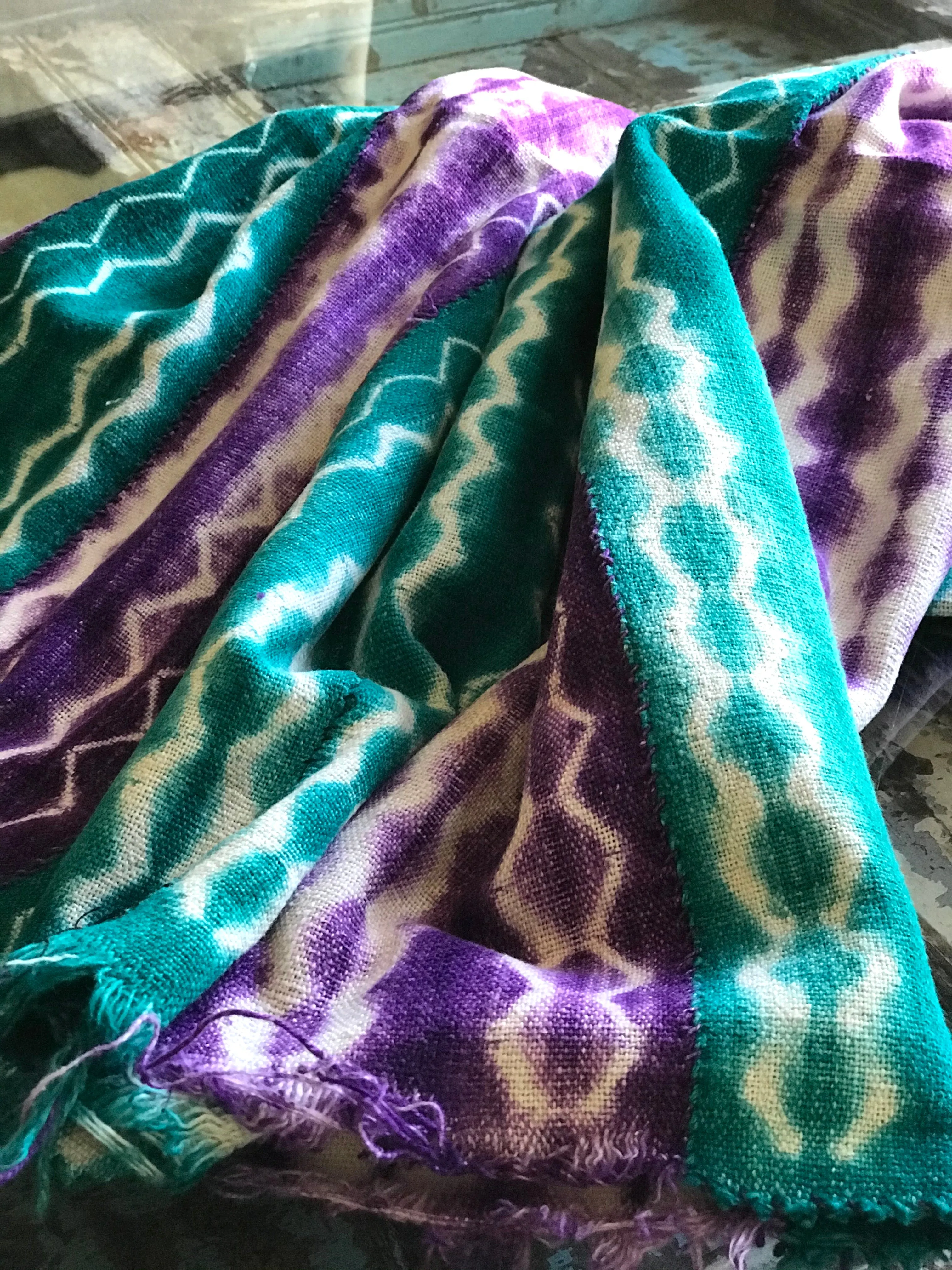Vintage African Mudcloth | teal   purple Shibori tie dye