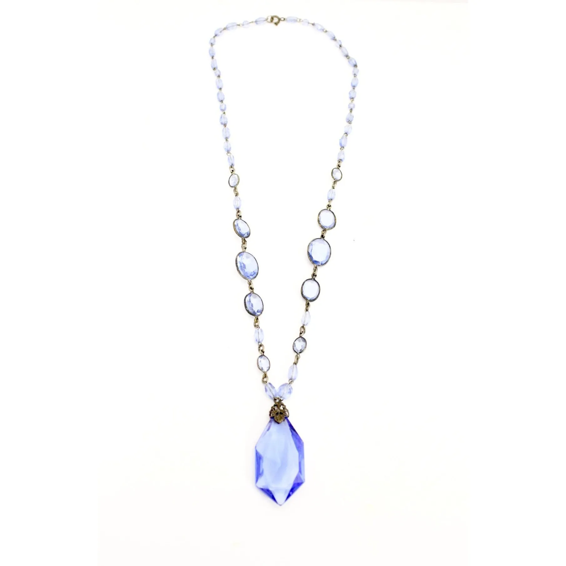 Vintage Cobalt Blue Glass Pendant Necklace 1910s Edwardian Titanic 22"