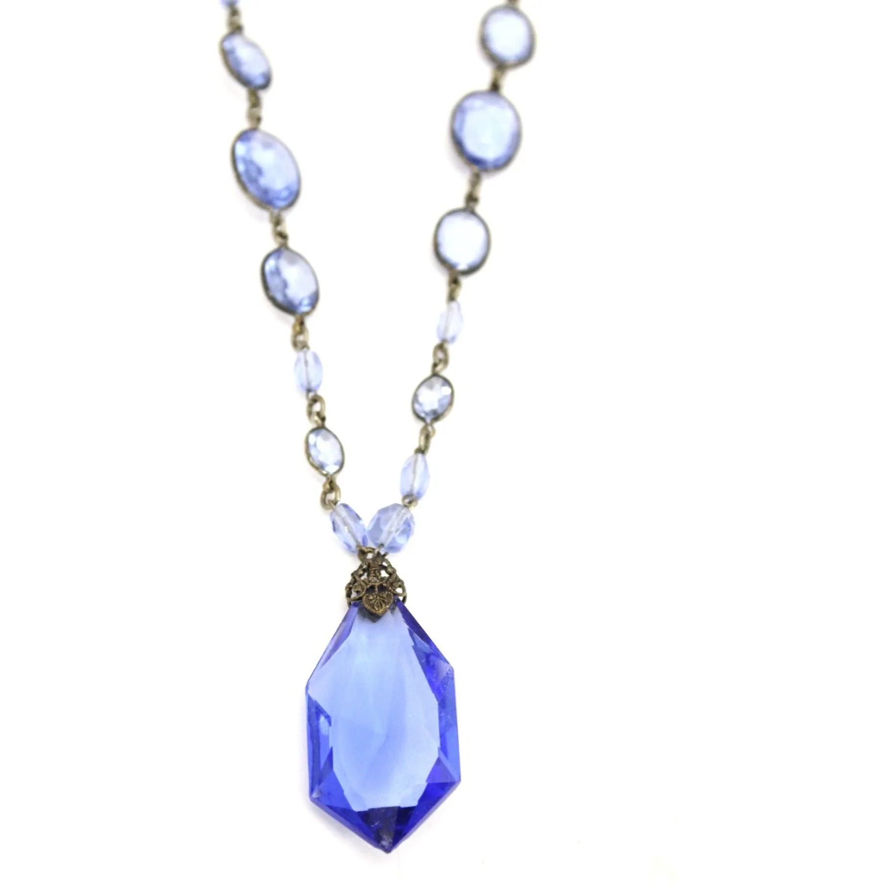 Vintage Cobalt Blue Glass Pendant Necklace 1910s Edwardian Titanic 22"