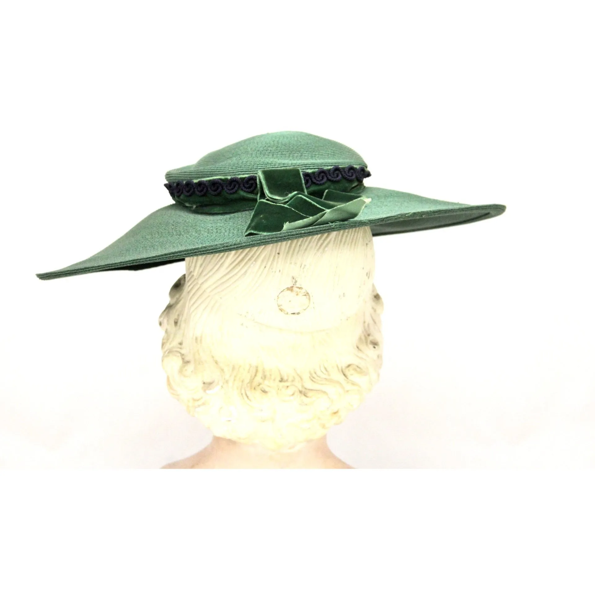 Vintage Green Straw Saucer Hat Wide Brim 1930s Church Womens